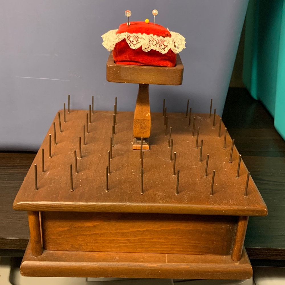 Vintage Wooden Thread holder with Red Velvet Pin Cushion